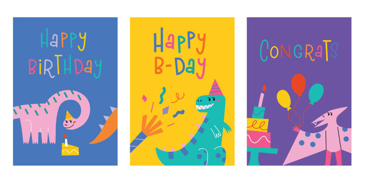 Greeting cards for birthday children events, smiling dinosaurs, set of templates, hand written lettering, happy birthday congrats cards, vector arrangements with tyrannosaurus, postcards collection