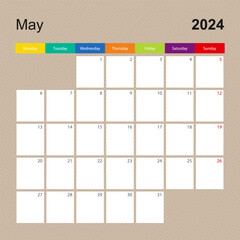 Calendar page for May 2024, wall planner with colorful design. Week starts on Monday.