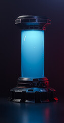 Rendu 3D d'un tube en verre de laboratoire de science fiction. Conteneur en cylindre avec liquide bleu. © Olivier