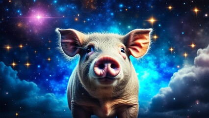 A Pig in galaxy universe on space glowing background.Animals in the Chinese zodiac calendar,esoteric horoscope and fortune telling concept for design.Generative AI - obrazy, fototapety, plakaty