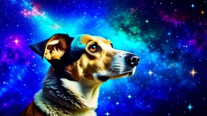 A Dog in galaxy universe on space glowing background.Animals in the Chinese zodiac calendar,esoteric horoscope and fortune telling concept for design.Generative AI - obrazy, fototapety, plakaty