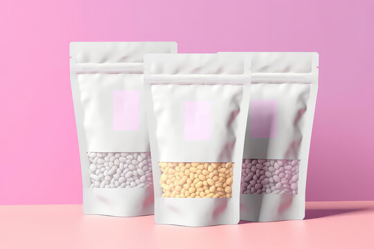 Mockup of an empty paper white bag with zip closure isolated on a flat pastel background with copy space. Packaging template for product design of wax in granules for hair removal..