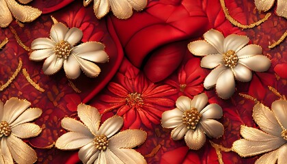 red and gold flower fabric ,AI generated