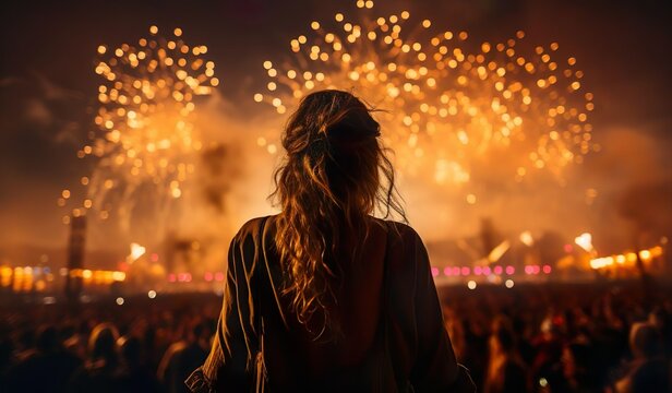 A Young Woman Enjoying Herself At A Summer Fireworks. 