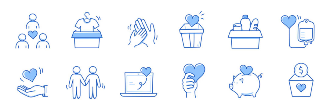 Charity hand, money, blood donation doodle line icon. Charity volunteer, support, blood donor concept icon set. Volunteer heart, donate food hand drawn doodle sketch style line. Vector illustration