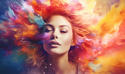 Obraz na płótnie Canvas Young woman with rainbow hair - vital female energy. Created using generative AI tools