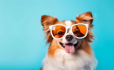 Creative Animal Concept. Summer dog wearing glasses peeking over pastel bright background. Generative AI.