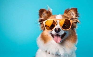 Creative Animal Concept. Summer dog wearing glasses peeking over pastel bright background. Generative AI.