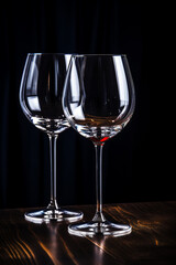 Two empty wine glasses on a dark background. AI generated