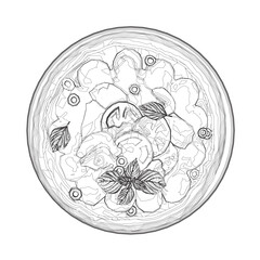 Contour of Italian pizza and ingredients. Italian food menu design template. Pizzeria menu design template. Vintage hand drawn sketch vector illustration. Engraved image.