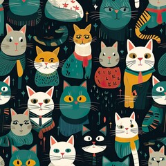cats seamless pattern in style of silkscreen