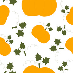 Seamless pumpkin pattern. Orange vegetables with leaves isolated on background. Loopable vector plant template for decoration, harvest festival, banner, postcard. Halloween Design graphic illustration