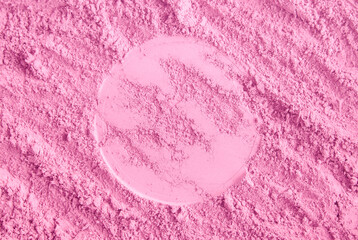 Pink blusher texture macro. Make-up swatch. Beauty background. Selective focus, copy space.