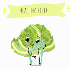 Illustration with funny cartoon characters romano, lettuce,iceberg, salad, vegetable. Funny and healthy food. Vitamins, cute face food, ingredients, vegetarian, vector cartoon.