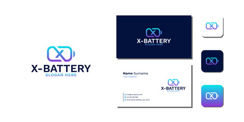 X Battery Technology Logo Bundle With Business Card And Icon vectors