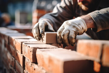 Close up of industrial bricklayer installing bricks on construction site - obrazy, fototapety, plakaty