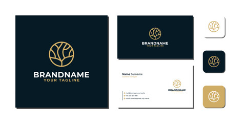Tree Circle line art Logo Bundle With Business Card And Icon vector