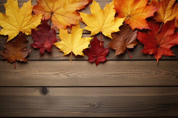 Naklejka na ściany i meble Autumn Maple Leaves Arranged On Wooden Table. Copy Space For Text. Generative AI