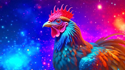 Fototapeta premium A Rooster in galaxy universe on space glowing background.Animals in the Chinese zodiac calendar,esoteric horoscope and fortune telling concept for design.Generative AI