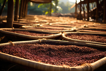 Coffee Berries Drying On Sundried Bamboo Beds. Generative AI - obrazy, fototapety, plakaty