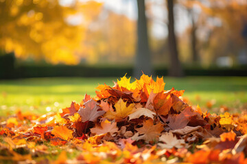 Naklejka na ściany i meble Autumn Leaf Pile With Vibrant Colors On Green Lawn. Generative AI