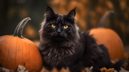 Creepy Halloween Night Traditional Black Cat and Pumpkin Decoration. generative ai
