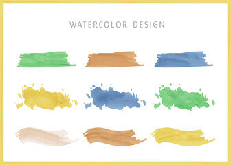 Bright watercolor brush strokes and stains. Set of colorful design elements for social media, notes, titles, presentation.