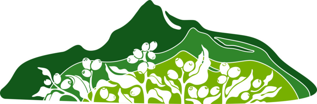 recommend clip art: Coffee, green plantation and mountain. Aroma beans. Vector stamp for packaging design. Natural drink. Graphic illustration