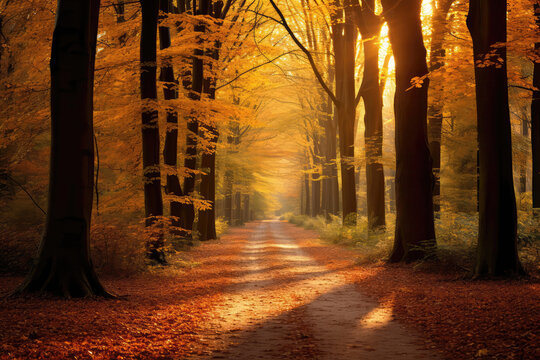 Forest Road Covered With Autumn Leaves In November. Generative AI