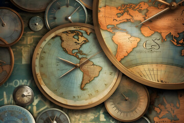 Fototapeta na wymiar International Clock time zones Vintage World map ai generated art