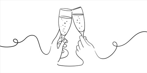 Continuous line champagne cheers one line art, continuous drawing contour. Hands toasting with wine glasses with drinks. Cheers toast festive decoration for holidays. Vector illustration - obrazy, fototapety, plakaty