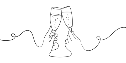 Papier Peint photo Une ligne Continuous line champagne cheers one line art, continuous drawing contour. Hands toasting with wine glasses with drinks. Cheers toast festive decoration for holidays. Vector illustration