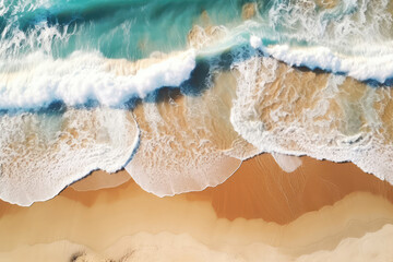 Fototapeta na wymiar Ocean Waves On Golden Sand, Drone View. Generative AI
