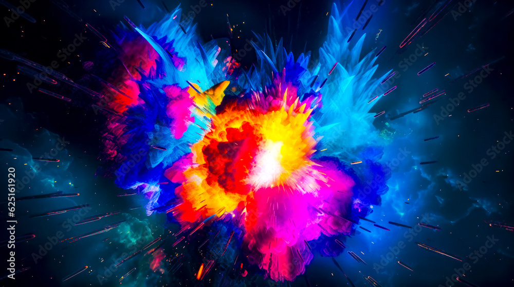 Canvas Prints Colorful explosion of colored powder on black background with space for text. Generative AI.