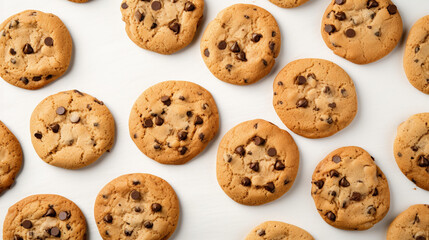 Freshly baked chocolate chip cookies, food, top view, the blank background is on the left side Generative AI