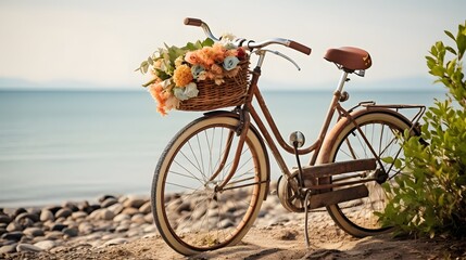 Obraz premium Bicycle with a yellow flower basket next to the sea.