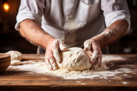 Male hands prepares dough close up. AI generated