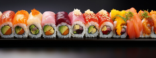 Colorful rainbow sushi rolls, food, top view, the blank background is on the left side Generative AI