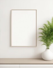 Fototapeta na wymiar Blank canvas frame mockup on empty wall. Living room design clean and beige. Modern scandinavian style interior with artwork mock up on wall. Home staging and minimalism interior design mockup 