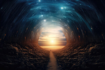 Twilight Sky Peeking Through The End Of Mystical Tunnel. Generative AI