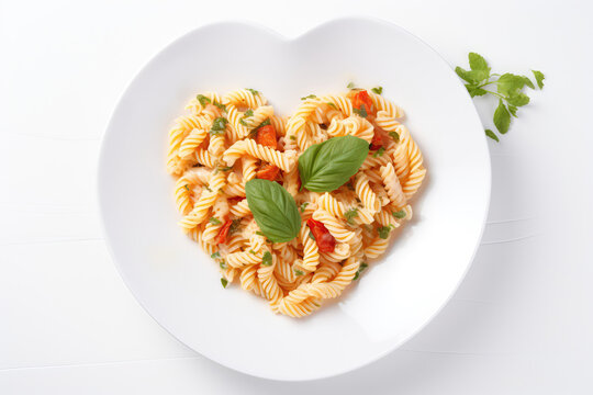 White Heart Shaped Plate With Pasta On White Background. Generative AI