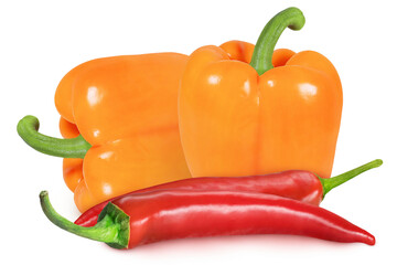 Orange bell  pepper and red chili peppers on an isolated white background.