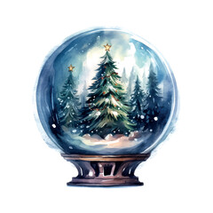 Beautiful cartoon illustration with christmas tree magic ball watercolor. Xmas celebration concept.