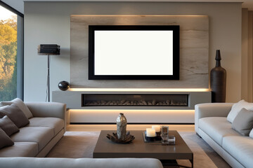Television mock up. TV with an empty screen in a modern living room. AI generated