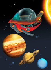 Cartoon funny colorful scene of cosmos galactic alien ufo space craft ship isolated illustration for children