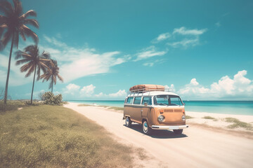 Summer holiday travel with cute old van. Generative AI 2
