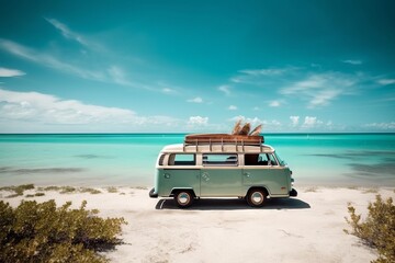 Summer holiday travel with cute old van. Generative AI 7