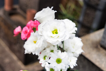 お墓にお供えされた綺麗な仏花