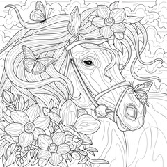 Horse with flowers and butterflies.Coloring page antistress for children and adults. Illustration isolated on white background.Zen-tangle style. 