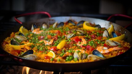 Obraz na płótnie Canvas Seafood and rice Spanish paella in large round pan.